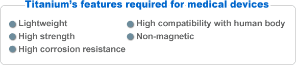 Titanium’s features required for medical devices
-Lightweight
-High strength
-High corrosion resistance
-High compatibility with human body
-Non-magnetic